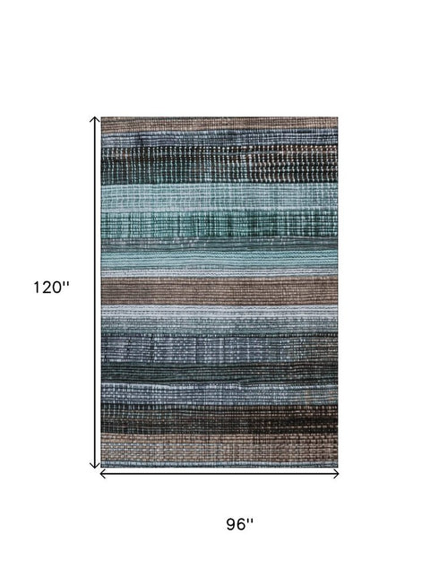 8' X 10' Teal And Brown Striped Washable Area Rug With UV Protection