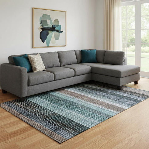 8' X 10' Teal And Brown Striped Washable Area Rug With UV Protection