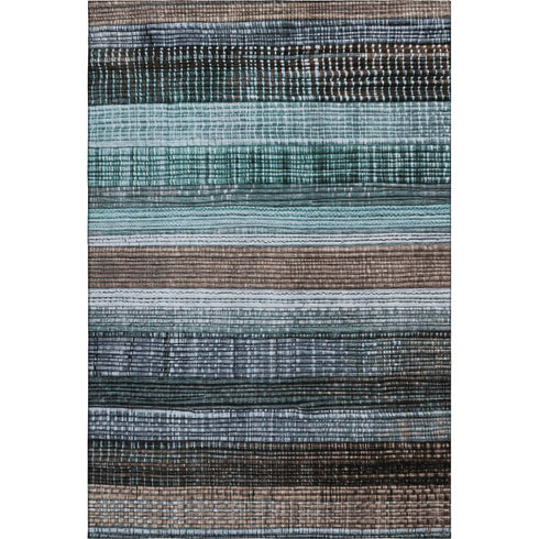 8' X 10' Teal And Brown Striped Washable Area Rug With UV Protection