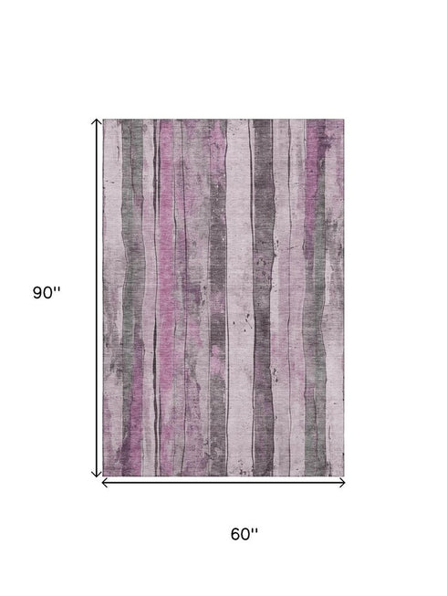 5' X 8' Pink And Gray Striped Washable Area Rug With UV Protection