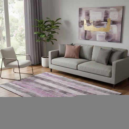 5' X 8' Pink And Gray Striped Washable Area Rug With UV Protection