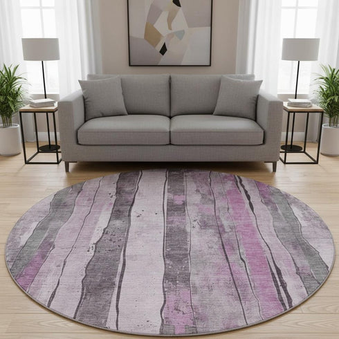 8' Pink And Gray Striped Washable Round Rug With UV Protection