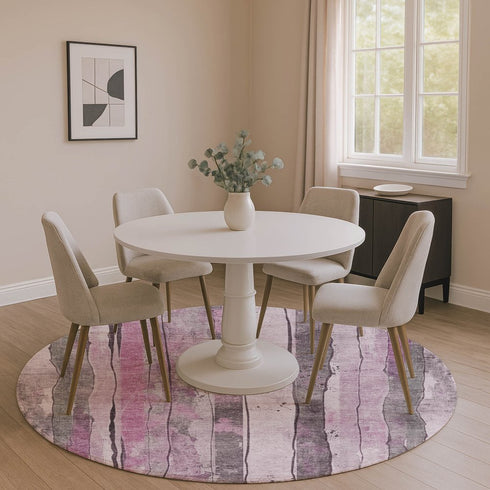 8' Pink And Gray Striped Washable Round Rug With UV Protection