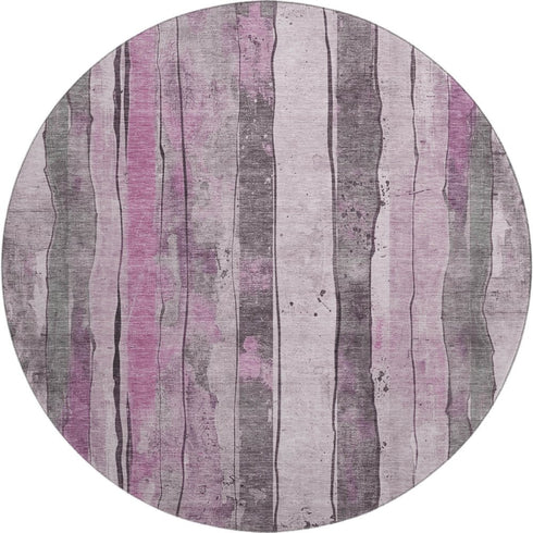 8' Pink And Gray Striped Washable Round Rug With UV Protection