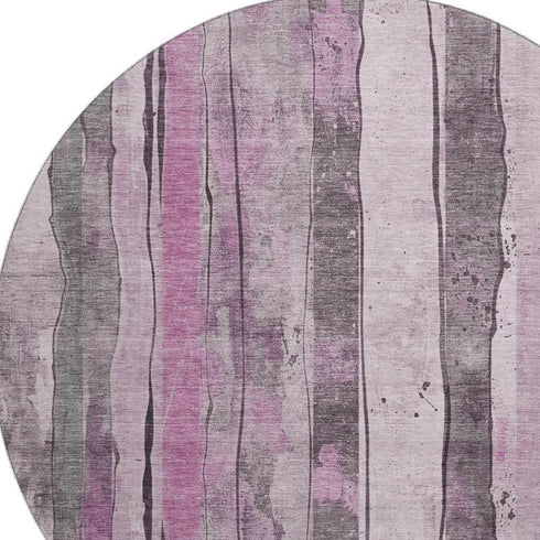 8' Pink And Gray Striped Washable Round Rug With UV Protection