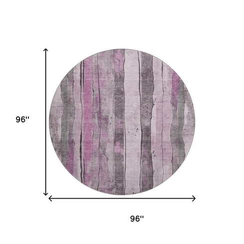 8' Pink And Gray Striped Washable Round Rug With UV Protection