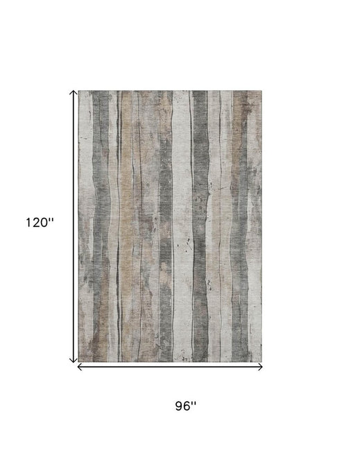 8' X 10' Beige And Gray Striped Washable Area Rug With UV Protection