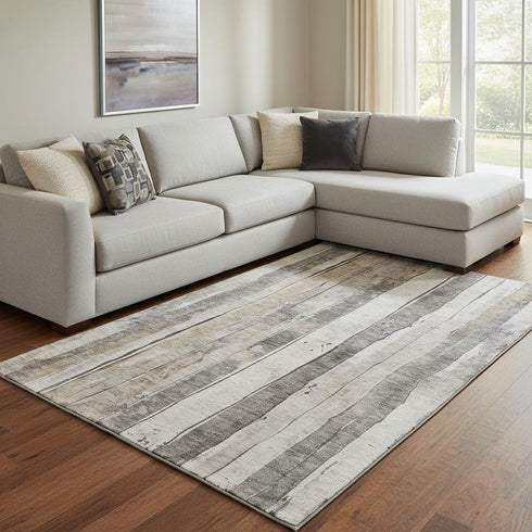 8' X 10' Beige And Gray Striped Washable Area Rug With UV Protection