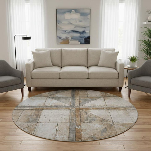 8' Copper And Gray Geometric Washable Round Rug With UV Protection