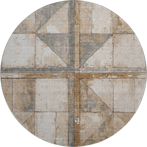 8' Copper And Gray Geometric Washable Round Rug With UV Protection