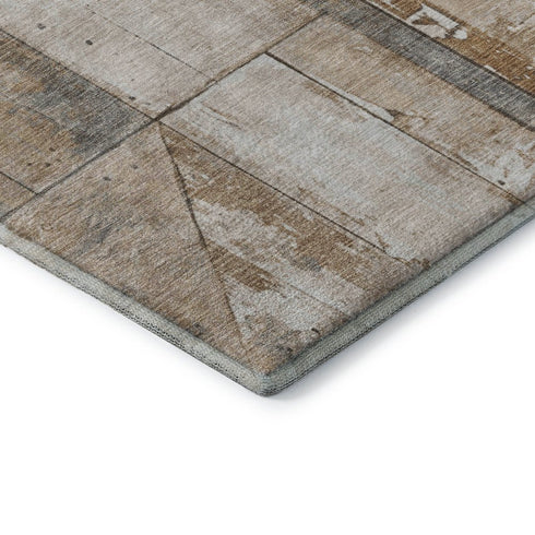 8' Copper And Gray Geometric Washable Round Rug With UV Protection