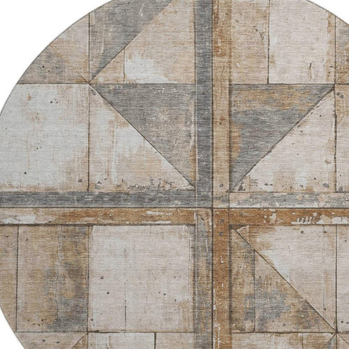 8' Copper And Gray Geometric Washable Round Rug With UV Protection