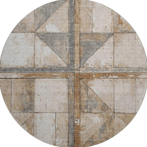 8' Copper And Gray Geometric Washable Round Rug With UV Protection