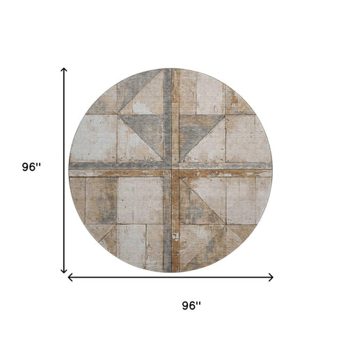 8' Copper And Gray Geometric Washable Round Rug With UV Protection
