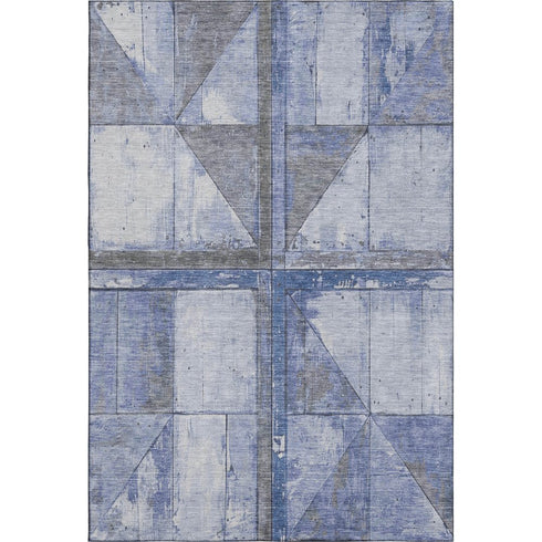 5' X 8' Denim Blue And Gray Geometric Washable Area Rug With UV Protection