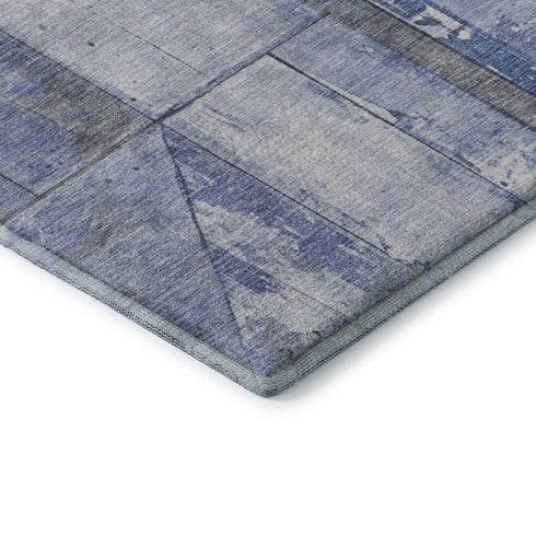 5' X 8' Denim Blue And Gray Geometric Washable Area Rug With UV Protection