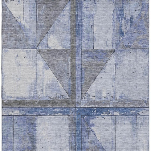 5' X 8' Denim Blue And Gray Geometric Washable Area Rug With UV Protection