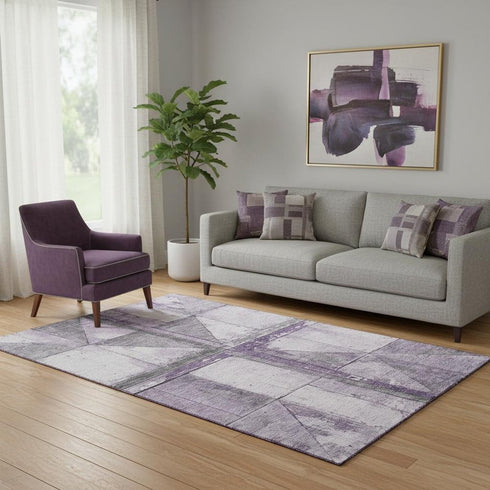 5' X 8' Purple And Gray Geometric Washable Area Rug With UV Protection