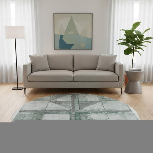 8' Sage And Gray Geometric Washable Round Rug With UV Protection