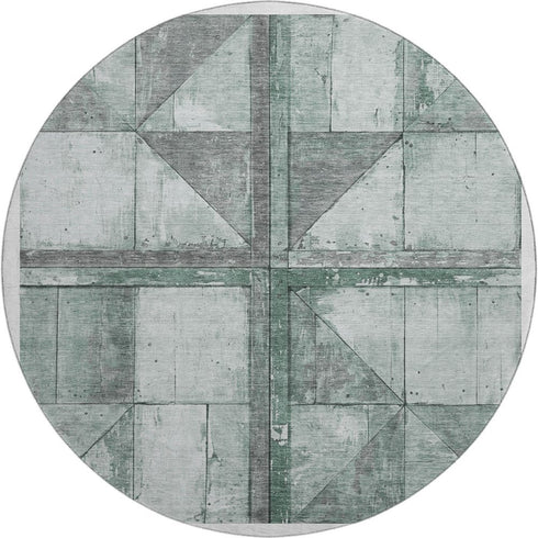 8' Sage And Gray Geometric Washable Round Rug With UV Protection