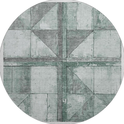 8' Sage And Gray Geometric Washable Round Rug With UV Protection