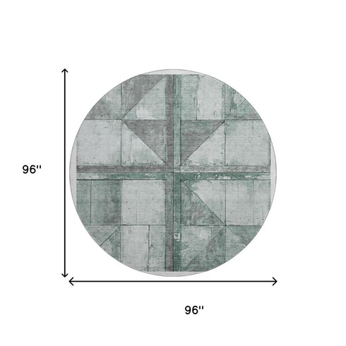 8' Sage And Gray Geometric Washable Round Rug With UV Protection