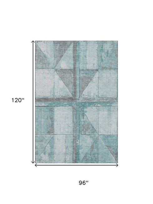 8' X 10' Teal And Gray Geometric Washable Area Rug With UV Protection