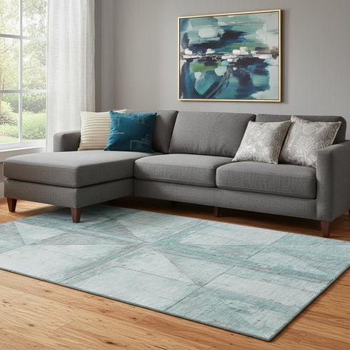 8' X 10' Teal And Gray Geometric Washable Area Rug With UV Protection