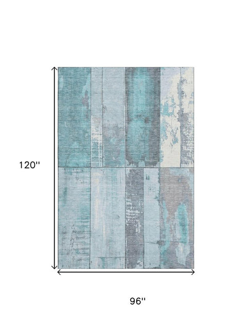 8' X 10' Teal And Gray Geometric Washable Area Rug With UV Protection