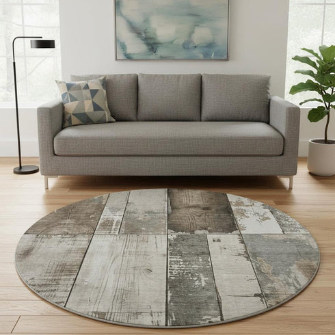 8' Taupe And Gray Geometric Washable Round Rug With UV Protection