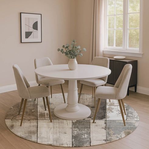 8' Taupe And Gray Geometric Washable Round Rug With UV Protection