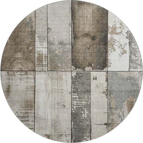 8' Taupe And Gray Geometric Washable Round Rug With UV Protection