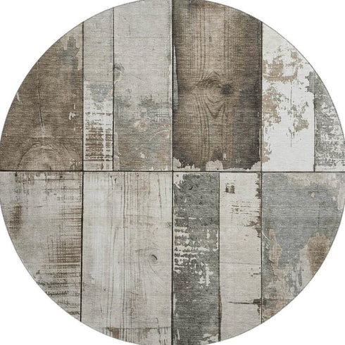 8' Taupe And Gray Geometric Washable Round Rug With UV Protection