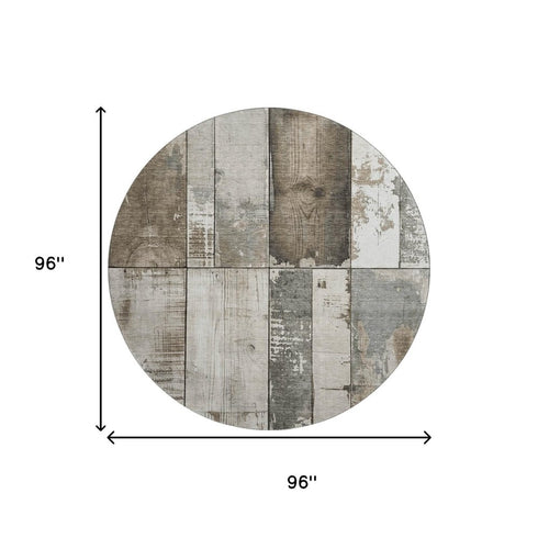 8' Taupe And Gray Geometric Washable Round Rug With UV Protection