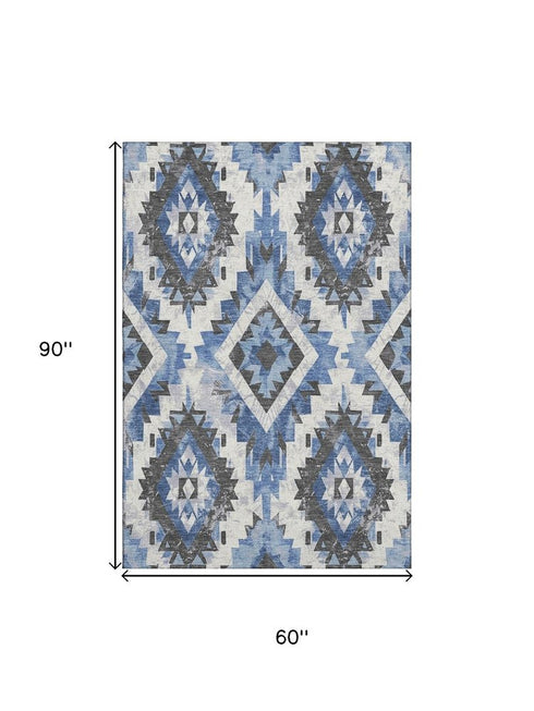5' X 8' Blue Charcoal And Ivory Southwestern Washable Area Rug With UV Protection