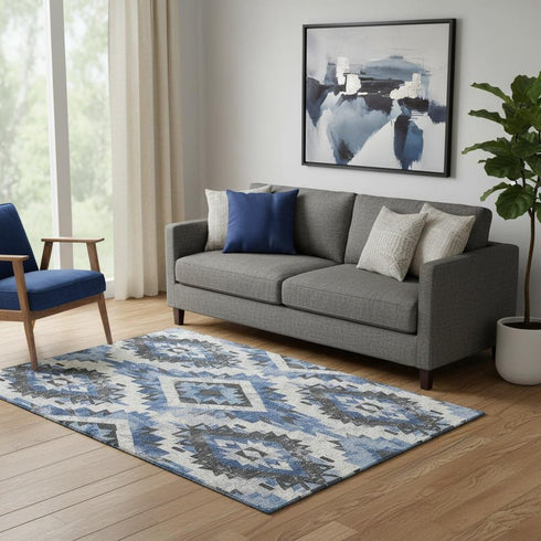 5' X 8' Blue Charcoal And Ivory Southwestern Washable Area Rug With UV Protection
