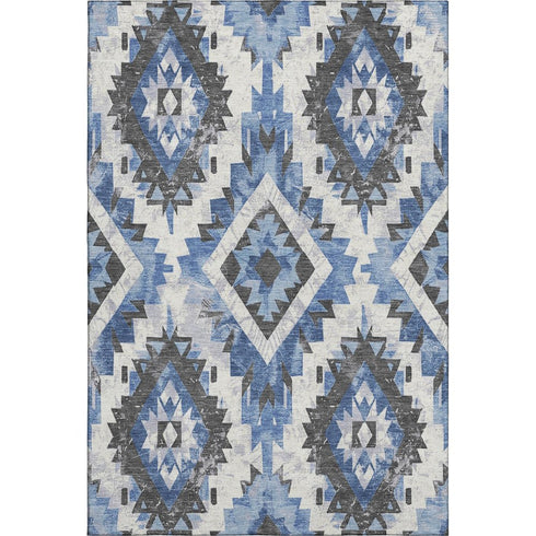 5' X 8' Blue Charcoal And Ivory Southwestern Washable Area Rug With UV Protection