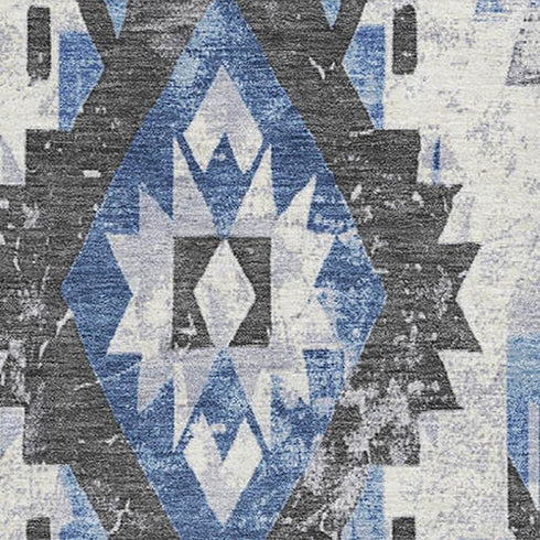 5' X 8' Blue Charcoal And Ivory Southwestern Washable Area Rug With UV Protection