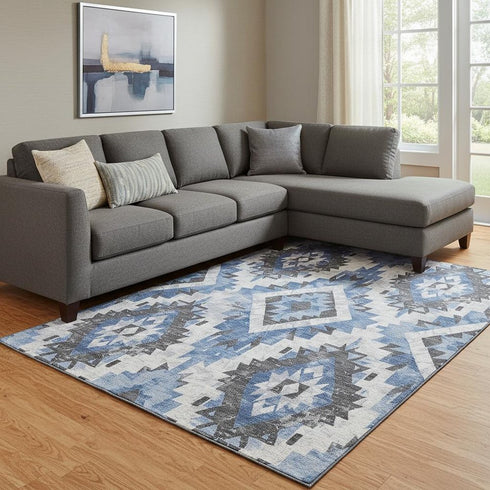 8' X 10' Blue Charcoal And Ivory Southwestern Washable Area Rug With UV Protection