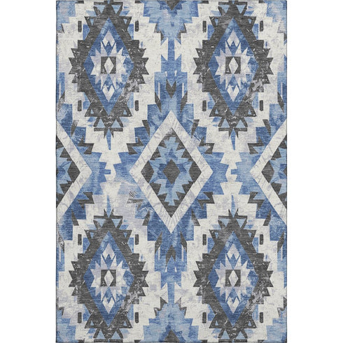 8' X 10' Blue Charcoal And Ivory Southwestern Washable Area Rug With UV Protection