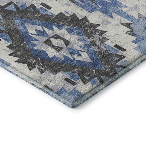 8' X 10' Blue Charcoal And Ivory Southwestern Washable Area Rug With UV Protection