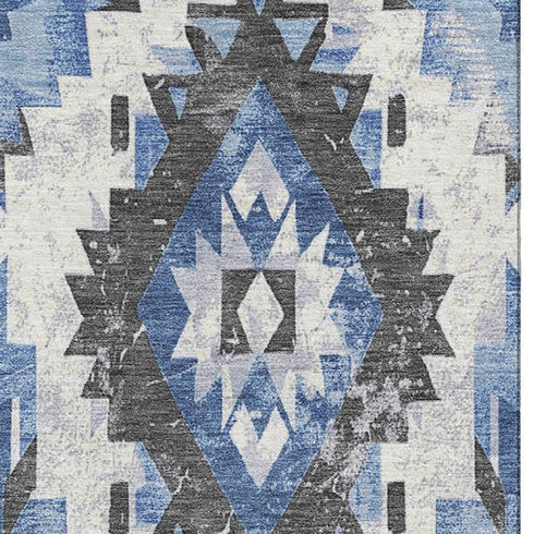 8' X 10' Blue Charcoal And Ivory Southwestern Washable Area Rug With UV Protection