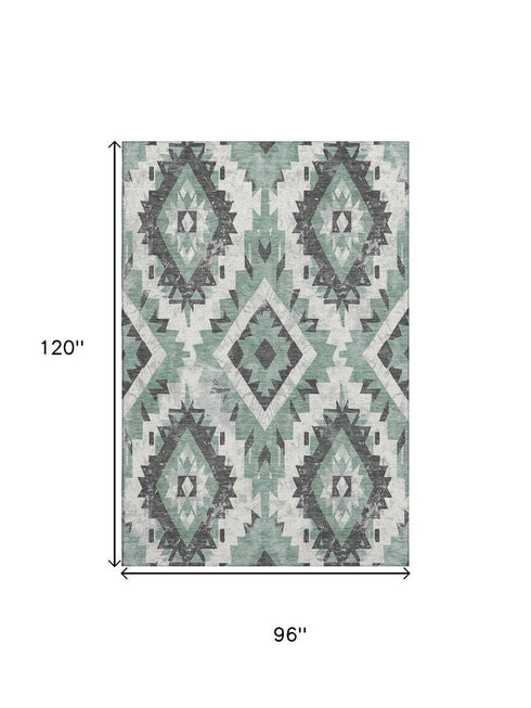 8' X 10' Pale Aqua Charcoal And Ivory Southwestern Washable Area Rug With UV Protection