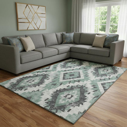 8' X 10' Pale Aqua Charcoal And Ivory Southwestern Washable Area Rug With UV Protection