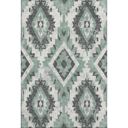 8' X 10' Pale Aqua Charcoal And Ivory Southwestern Washable Area Rug With UV Protection