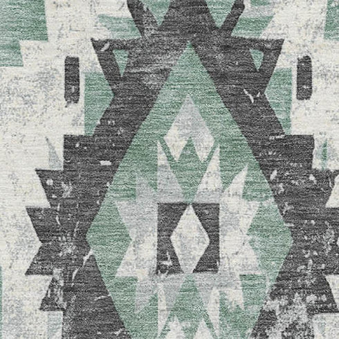 8' X 10' Pale Aqua Charcoal And Ivory Southwestern Washable Area Rug With UV Protection