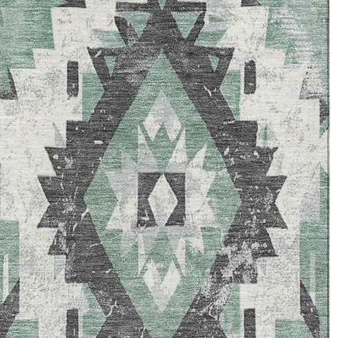 8' X 10' Pale Aqua Charcoal And Ivory Southwestern Washable Area Rug With UV Protection