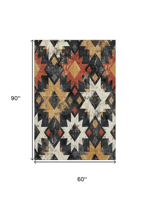 5' X 8' Black Gold And Rust Southwestern Washable Area Rug With UV Protection