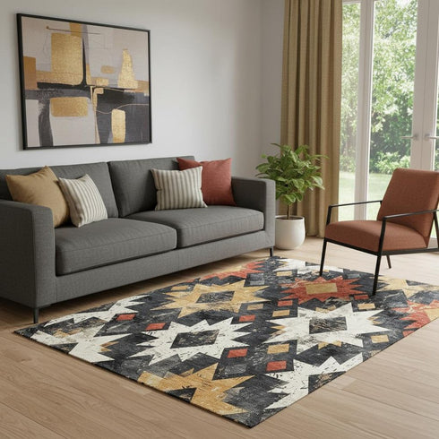 5' X 8' Black Gold And Rust Southwestern Washable Area Rug With UV Protection