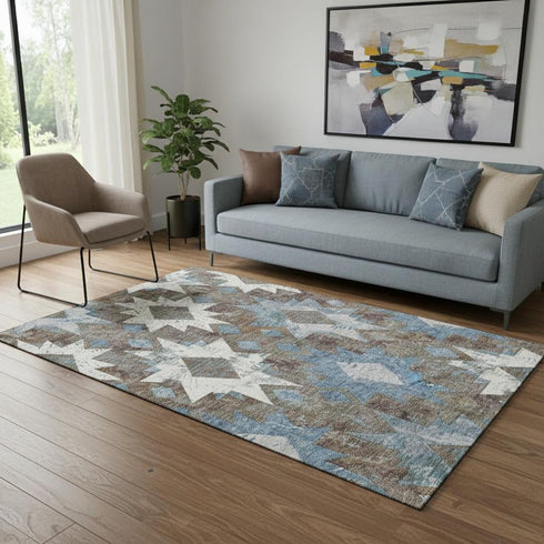 5' X 8' Brown Blue And Ivory Southwestern Washable Area Rug With UV Protection